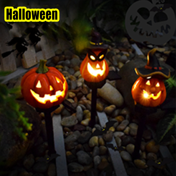 New Outdoor Solar Powered LED Pumpkin Lantern Waterproof Resin Crafts for Garden Halloween Decor Small Ground Plug